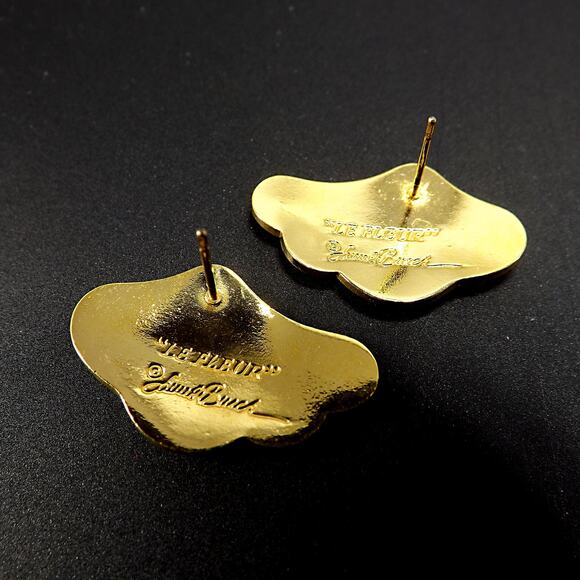 Laurel Burch "Le Fleur" Gold & White Post Earrings, Gold Plated, 1980s Vintage - Picture 3 of 10